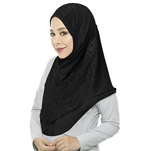 Women Muslim Hijab Scarf Floral Lace Head Wrap Turban Islamic Arab Ready to Wear Aiyah Amira Lightweight Shawl - color: Black