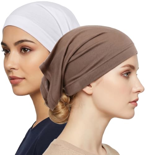 2 Pcs Hijab Caps, Under Scarf Hijab Cap One Size Stretch, Muslim Hijab Undercap for Women(White & Khaki)