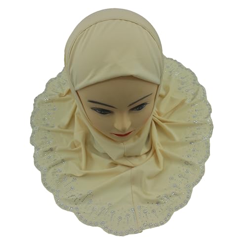 Girls Hijab with Rhinestones – Sparkly Non-Slip Amira Scarf for Kids, for Daily Prayer, School, Ramadan & Eid (Ages 4-12) - color: Cream-wavy Edge