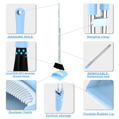 BSKLIN Broom and Dustpan Set for Home, 52" Long Handle Broom Set with Dustpan Teeth to Clean Hair Sweeping Indoor and Outdoor (Blue) - size: Small-Blue