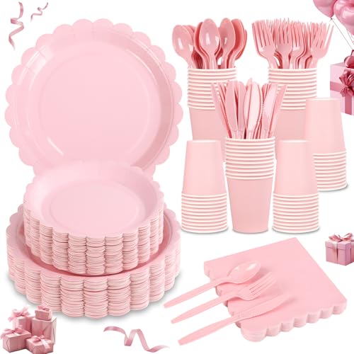 LIYH 350 Pcs Pink Paper Plates and Napkins - 50 Guest Light Pink Party Supplies Include Scalloped Plates Cups Plastic Spoons Forks Knives for Baby Shower Birthday Party - color: Pink
