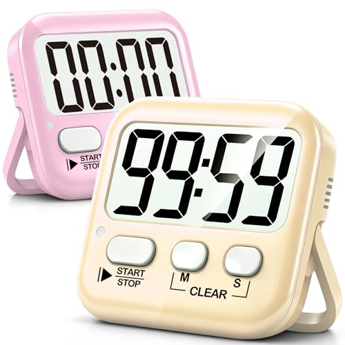 2 Pack Digital Timer for Kids Classroom Kitchen Timers for Cooking | w/ Battery, Easy to View, Alarm, Mute Mode, Count Down/Up, Magnetic, Kickstand, Hanging, Classroom Timer for Teacher Supplies - color: 2 * Lovely Pink + Light Peach