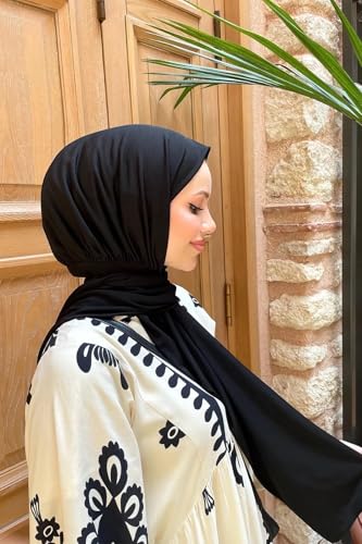 Instant Hijab Scarf for Women – Soft, No-Iron, No-Pins, Ready-to-Wear Hijab – Stretchy & Lightweight Polyester Fabric - color: C1 Black