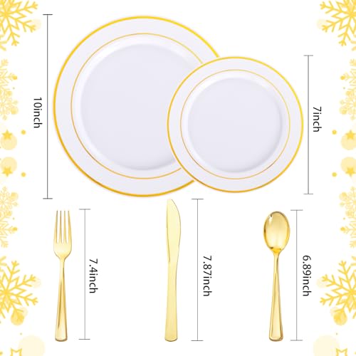 Supernal 60PCS Gold Plastic Dinnerware Set (Service for 12 Guests) - Heavy Duty White Gold Plates with Disposable Silverware for Graduation Party, Summer Wedding, BBQ & Birthday - color: 60pcs White and Gold Plastic Dinnerware set