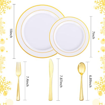 Supernal 60PCS Gold Plastic Dinnerware Set (Service for 12 Guests) - Heavy Duty White Gold Plates with Disposable Silverware for Graduation Party, Summer Wedding, BBQ & Birthday - color: 60pcs White and Gold Plastic Dinnerware set