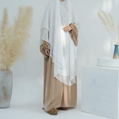 SYANKANGXIAO Ramadan Eid Khimar Abaya Turkey Islam Muslim Chiffon 2 Layers Long Hijab Dress Prayer for Women Full Cover Robe - color: White