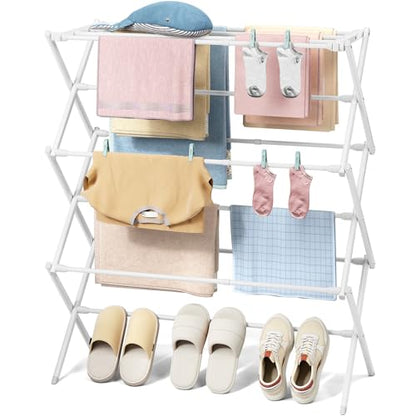 KINGBOARD Clothes Drying Rack, Collapsible Drying Rack Clothing with 11 Poles, 3-Tier Laundry Drying Rack, Small Clothes Drying Rack Foldable for Baby Clothes Sock Towel, 25lb Capacity, White - color: White