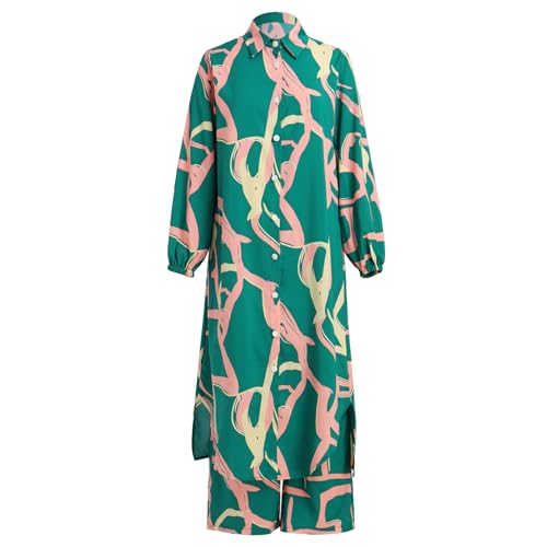 IDOPIP Abaya Dress for Women Muslim Set Long Sleeve Ramadan Islamic Dress Shirt with Pants 2PCS Dubai Prayer Casual Clothes - color: Green - Print, size: Medium