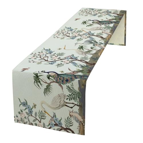 Chinoiserie Peacock Table Runner, Retro Chinese Peonies Flowers Herons Peacock Table Cover for Kitchen Dining Table Indoor Outdoor Home Party Restaurant Decor, 13x36inch - color: Asian-32, size: W13"x L36"