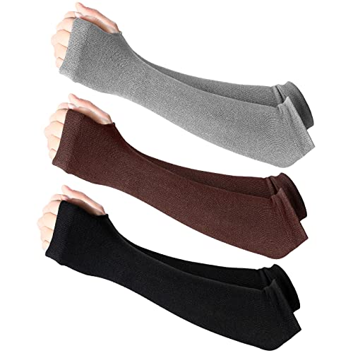 Bememo 3 Pairs Long Fingerless Gloves for Women Arm Warmers Unisex Arm Sleeves Knit Thumb Elbow Hole Stretchy Gloves Goth - color: Black, Light Grey, Coffee