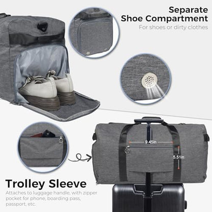 Fmeida 65L Duffle Bag with Shoes Compartment, Foldable Travel Duffel Bags for Men Women, Large Packable Travel Bag Water Repellent & Tear Resistant (Gray) - color: Textured Gray