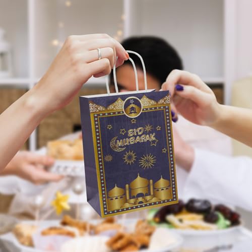 Eid Mubarak Gift Bags - 12 Pcs Ramadan Paper Gift Bags with Handles, Mosque Moon Star Reusable Party Favor Candy Goodie Bag for Muslim Eid al-Fitr Festival Celebration