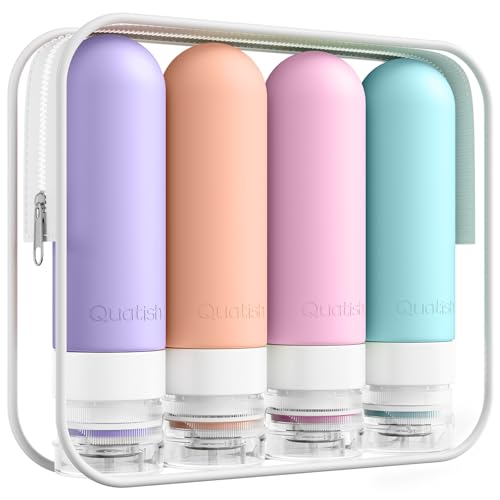 Quatish Travel Bottles for Toiletries, Original Patented Leak Proof Travel Size Toiletries, 3 oz Tsa Approved Silicone Shampoo and Conditioner Bottles, Travel Essentials, 4 Pack, Pink - color: Pink