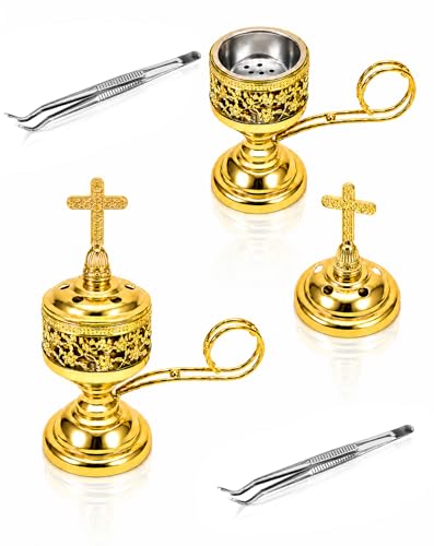 Yawlsow Incense Burner, Frankincense Charcoal Incense Stand, Bakhoor Incense Burner Holder, Ideal for Aromatherapy, Yoga and Spa, Home and Christian Church Censer, (Gold*2) - color: Gold*2