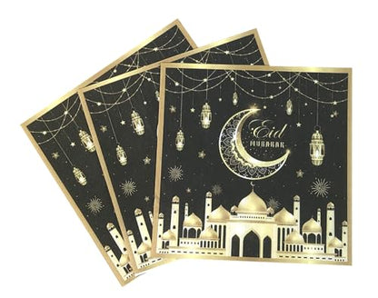 24 Pcs Ramadan and Eid Crescent Moon Party Napkins Ramadan Kareem Eid Mubarak Disposable Napkins, Arabic Design Themed Paper Napkins for Eid Al-Fitr Party Decorations, 6.5" 2-Ply(Black)