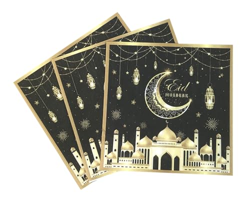 24 Pcs Ramadan and Eid Crescent Moon Party Napkins Ramadan Kareem Eid Mubarak Disposable Napkins, Arabic Design Themed Paper Napkins for Eid Al-Fitr Party Decorations, 6.5" 2-Ply(Black)