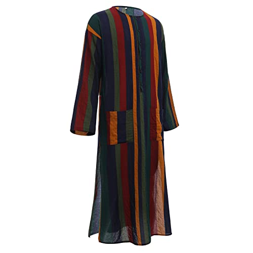 IDOPIP Men's Muslim Thobe Long Sleeve Striped Robe Gown Arab Islamic Kaftan Abayas Dress Middle East Dubai Ramadan Clothing - color: Yellow, size: X-Large