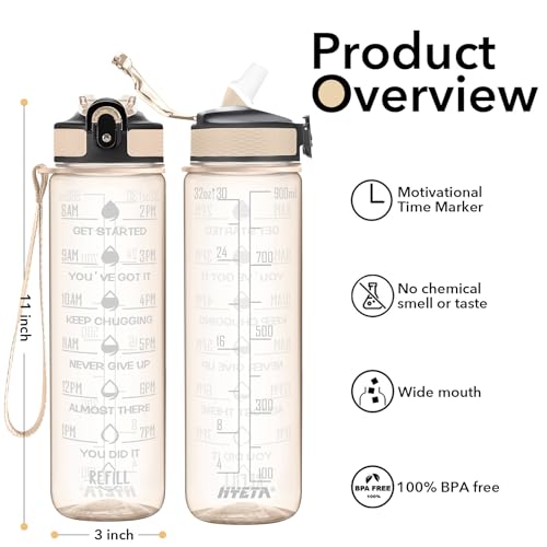 Hyeta Water Bottle with Straw & Time Marker, Plastic 32oz Leakproof | Motivational Tritan BPA Free Gym Office Outdoor Intake Tracker Hourly Reminder Straw Lid Carry Strap - color: Clear Amber