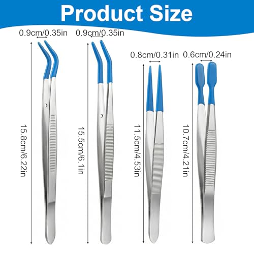 Nogeqi 4 Piece Rubber Tipped Tweezers, Stainless Steel Tweezers for Crafting, Straight Tip Craft Tweezer Pvc-Coated Precision Long Tweezer for Stamps Jewelry Beads Industrial Electronic Lab Tools