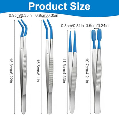 Nogeqi 4 Piece Rubber Tipped Tweezers, Stainless Steel Tweezers for Crafting, Straight Tip Craft Tweezer Pvc-Coated Precision Long Tweezer for Stamps Jewelry Beads Industrial Electronic Lab Tools