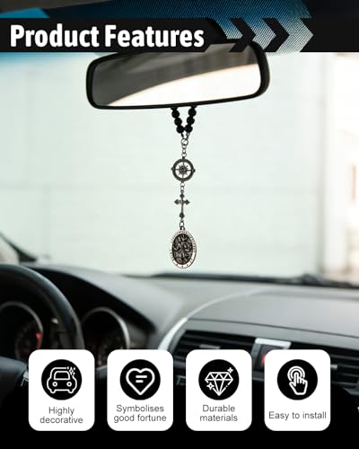 1 Pc St Christopher Car Rearview Mirror Decor Medal, Black Cross Hanging Car Rosary Charm, Travel Protection Charm