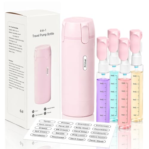 4 in 1 Travel Dispenser Bottle, Leakproof Travel Size Toiletries Holder, Refillable Portable Containers for Shampoo Lotion Conditioner Cream Transparent with Label (Pink) - color: Pink