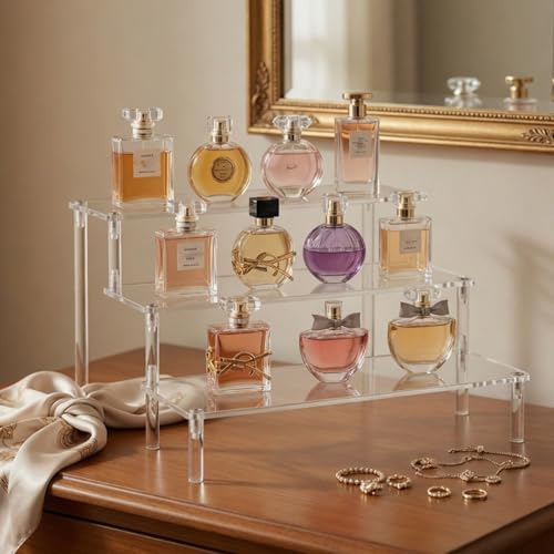 WEERSHUN 3 Tier Acrylic Display Stand Risers, Clear Tabletop Display Shelf for Perfume, Figures & Collectibles, Thick Acrylic Organizer for Cupcake, Cosmetics & Home Decoration - size: 1PACK 3-layer transparent