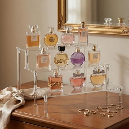 WEERSHUN 3 Tier Acrylic Display Stand Risers, Clear Tabletop Display Shelf for Perfume, Figures & Collectibles, Thick Acrylic Organizer for Cupcake, Cosmetics & Home Decoration - size: 1PACK 3-layer transparent