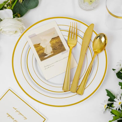 Supernal 102pcs White and Gold Plastic Plates,Disaposable Plates Heavy duty,Fancy Gold Plastic Dinnerware Set included 51 Dinner & Dessert Plates for Valentine's Day Mother's Day and Easter - color: 102pcs White and Gold Plastic Plates