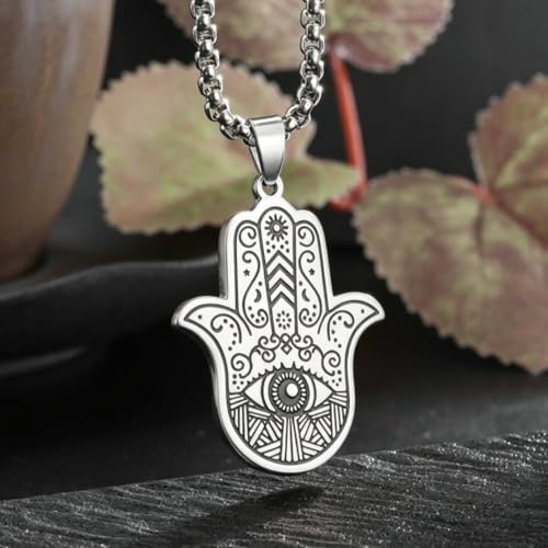 Classic Stainless Steel Devil's Eye Hand of Fatima Pendant Necklace for Men and Women Fashion Exorcism Amulet Jewelry Gift - color: silvery