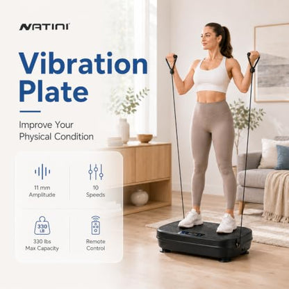 Natini Vibration Plate Exercise Machine - Power Vibrating Plate for Lymphatic Drainage,Whole Body Workout Machine for Women Weight Loss Home Fitness, - style: Flat Black
