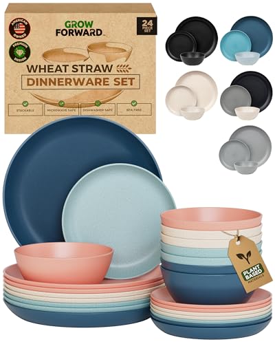 Grow Forward 24-piece Premium Wheat Straw Dinnerware Sets for 8 - Unbreakable Dishwasher & Microwave Safe Plastic Plates and Bowls Sets - Patio, Outdoors, RV, Camping Dishes - Tropical - color: Tropical