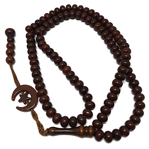 Islam Prayer Tasbih 99 Beads AMN-303 Muslim 8 mm. Rosary Bead Moon Star Decorated Tassels Haj Eid Ramadan Gift (Brown) - color: Brown
