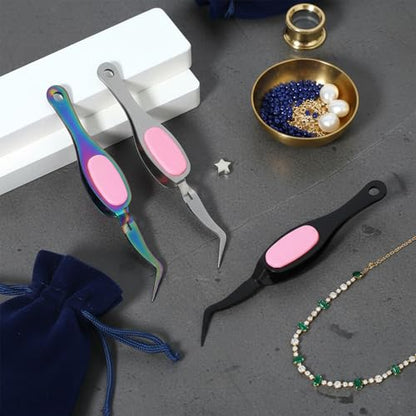 3PCS Reverse Tweezers for Crafting, Craft Tweezers, Cross Locking Stainless Steel Precision Curved Bent Straight Fine Tip with Soft Grip for DIY Craft, Jewelry Making, Eyelash Extensions, Beading