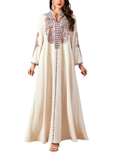 OBEEII Women Muslim Abayas Islamic Floral Embroidery Sequin Maxi Dress Ramadan Loose Morocco Dubai Robe Kaftan Prayer Dress - color: Apricot, size: Medium