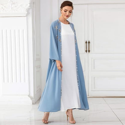 IDOPIP Muslim Abayas for Women Long Sleeve Open Front Cardigan Rhinestone Applique Islamic Dubai Maxi Kaftan Dress with Belt - color: Blue, size: X-Large