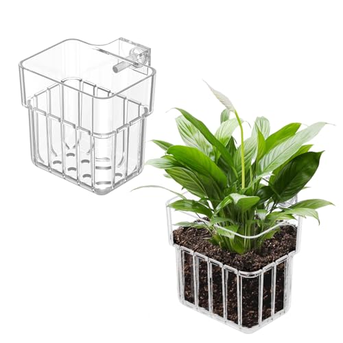 Pawfly 2 Pcs Clear Acrylic Aquarium Plant Holder for Fish Tanks, Top Hanging Fish Tank Planting Holder with Hook, Adjustable Aquarium Planter Cup - size: 2 Pcs