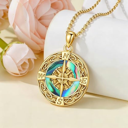 Graduation Gifts for Women 925 Sterling Silver Compass/Graduation/Vet/Cross/Stethoscope Necklace for Women - color: Compass-Abalone Shell-Yellow Gold