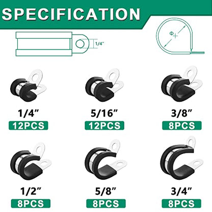 OURU 56PCS Cable Clamps Assortment Kit,Rubber Coated, 1/4"-3/4" 6 Sizes | 304 Stainless Steel, Anti-Vibration, Rust Resistant, Secure Hold, Automotive Wire, Pipe & Tube Mounting, Cable Management - size: 56pcs - 1/4", 5/16", 3/8", 1/2", 5/8", 3/4"