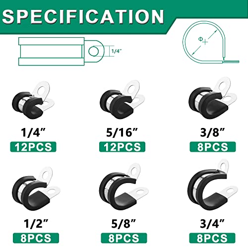 OURU 56PCS Cable Clamps Assortment Kit,Rubber Coated, 1/4"-3/4" 6 Sizes | 304 Stainless Steel, Anti-Vibration, Rust Resistant, Secure Hold, Automotive Wire, Pipe & Tube Mounting, Cable Management - size: 56pcs - 1/4", 5/16", 3/8", 1/2", 5/8", 3/4"