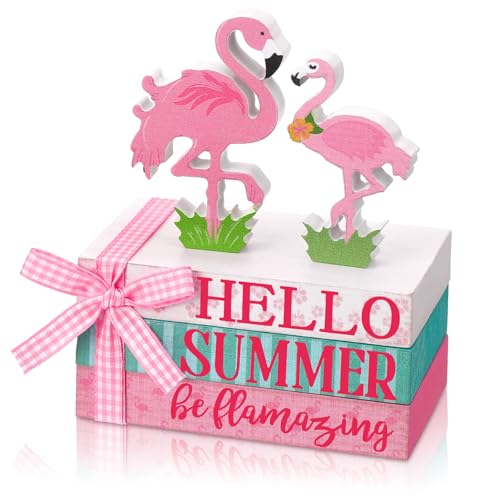 Geelin 4 Pcs Flamingo Wooden Book Stack Decor, Summer Faux Books for Home Table Centerpiece, Hello Summer Flamingos Tiered Tray Decorations Rustic Farmhouse Pink Flamingo Decor for Living Room Kitchen - style: Flamingo