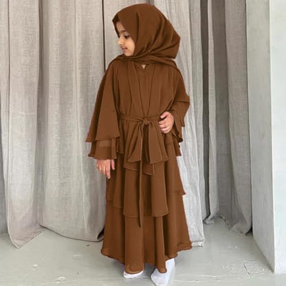 Kids Abayas Dress for Girls Muslim Dress with Hijab Chiffon Layered Islam Kaftan Robe Open Front Cardigan Prayer Dress - color: Coffee, size: 7-8 Years