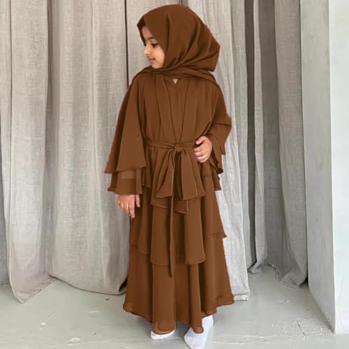 Kids Abayas Dress for Girls Muslim Dress with Hijab Chiffon Layered Islam Kaftan Robe Open Front Cardigan Prayer Dress - color: Coffee, size: 9-10 Years