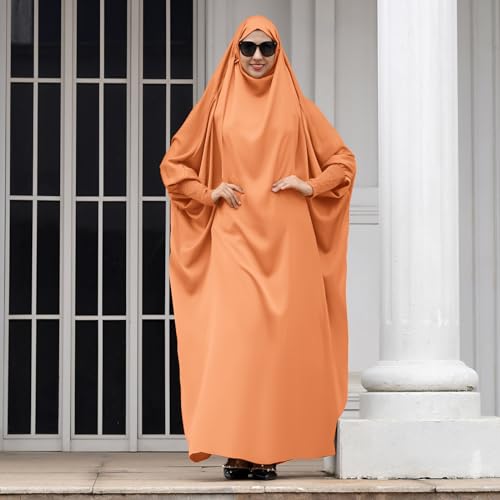 IKADEX Jilbab 무슬림 여성용 후드 아바야 카프탄 드레스 히잡 차도르 원피스 루즈핏 아랍어 이슬람 기도 로브 - color: 주황색.
