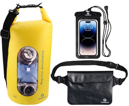 Freegrace Waterproof Dry Bag Set of 3 - Submersible Dry Sack with Double Zip Lock Seals - Includes Waist Pouch & Phone Case - Perfect for Kayaking, Swimming, Boating & Rafting (Yellow(Window), 5L) - color: Yellow, size: 5L, style: Window