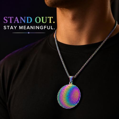 Steeltime Stainless Steel Lords Prayer Necklace with Simulated Diamonds - color: Rainbow IP, style: Round Pendant