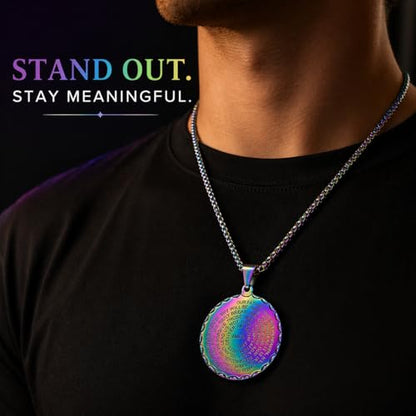 Steeltime Stainless Steel Lords Prayer Necklace with Simulated Diamonds - color: Rainbow IP, style: Round Pendant