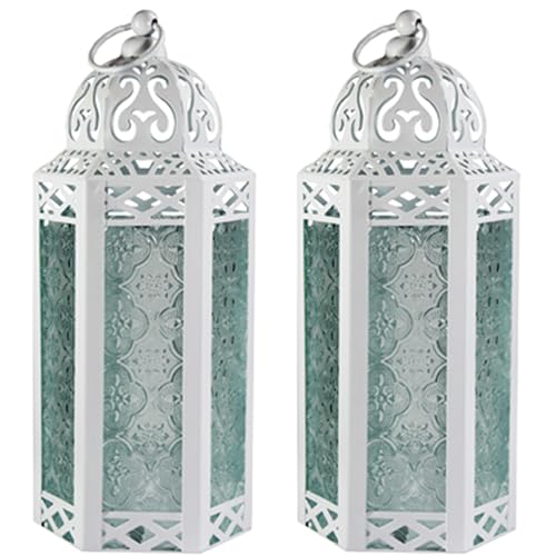 Vela Lanterns Decorative Indoor Moroccan Candle Holder, White, M, 2-Pack - color: White/Clear