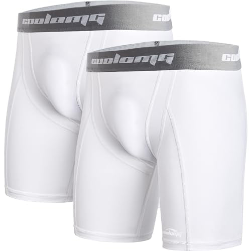 COOLOMG Men Compression Shorts with Cup Pocket Sliding Underwear for Baseball Football Lacrosse, NO Cup - color: White_2pack, size: Small