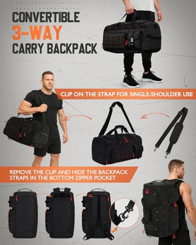 Gonex 45L Tactical Duffel Bag, 3-in-1 Convertible Carry-On Gym Bag for Men with Red Zipper Pull, Shoe Compartment, Gear Loops, Water-Repellent Travel Bag (Black with Red Accents) - color: Black with Red Accents, size: 45L